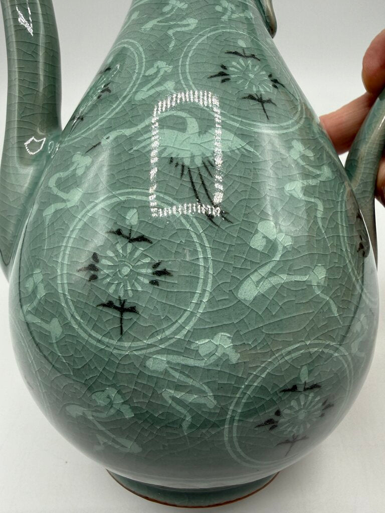 VTG Korean Celadon Green Flying Crane Tea Pot /rw