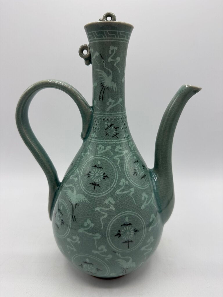 VTG Korean Celadon Green Flying Crane Tea Pot /rw