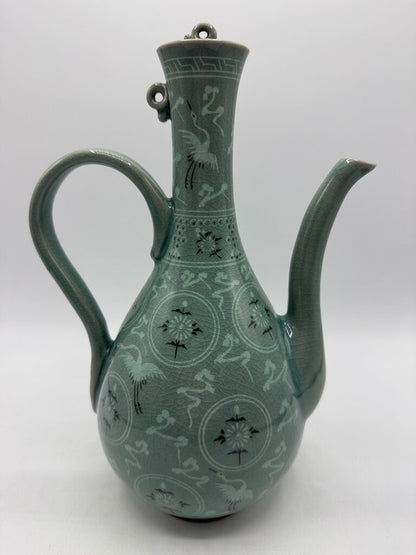 VTG Korean Celadon Green Flying Crane Tea Pot /rw