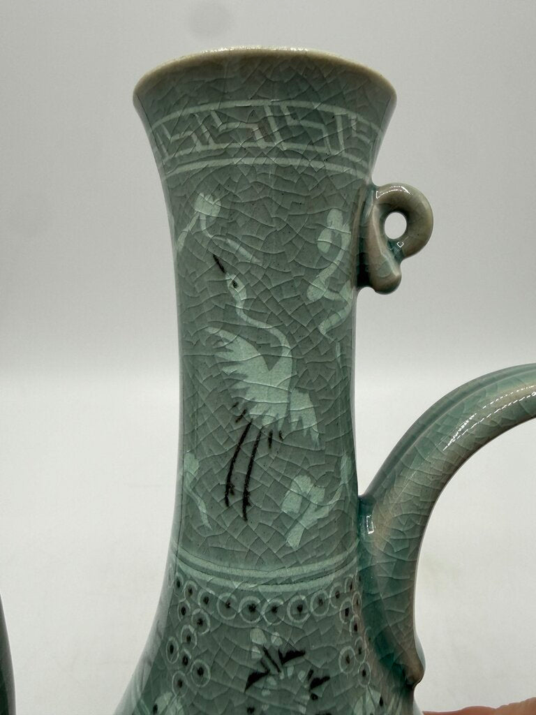 VTG Korean Celadon Green Flying Crane Tea Pot /rw
