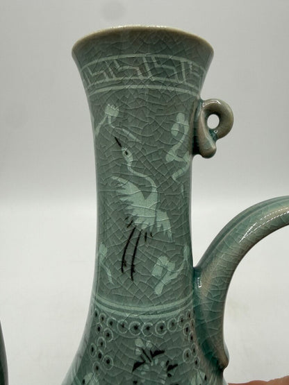 VTG Korean Celadon Green Flying Crane Tea Pot /rw