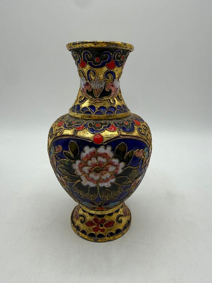 VTG Cloisonné Vase 6” w/ Enamel & Gold Gilt Floral Theme /ro
