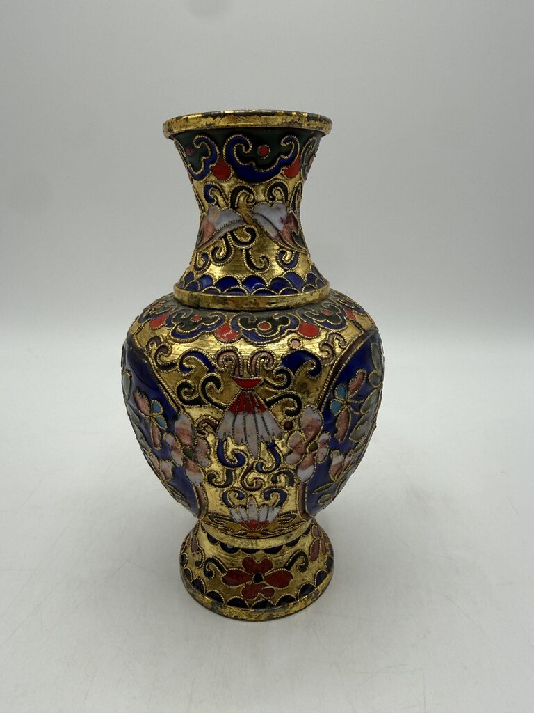 VTG Cloisonné Vase 6” w/ Enamel & Gold Gilt Floral Theme /ro