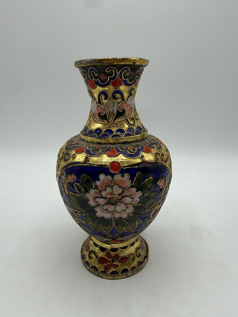 VTG Cloisonné Vase 6” w/ Enamel & Gold Gilt Floral Theme /ro