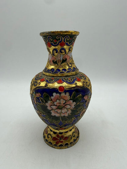 VTG Cloisonné Vase 6” w/ Enamel & Gold Gilt Floral Theme /ro