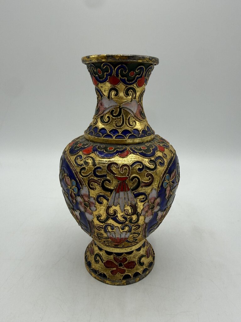VTG Cloisonné Vase 6” w/ Enamel & Gold Gilt Floral Theme /ro