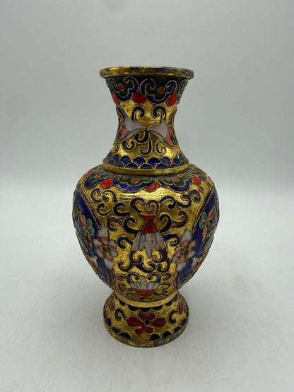 VTG Cloisonné Vase 6” w/ Enamel & Gold Gilt Floral Theme /ro