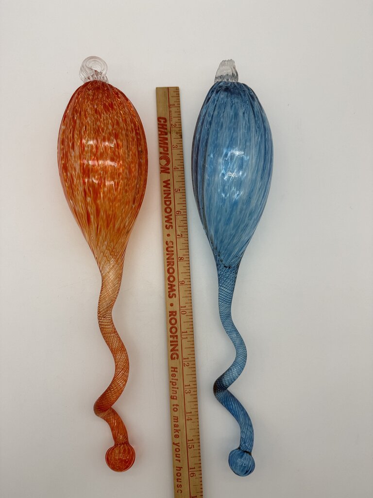 Hand Blown Decorative Glass Ornaments Blue & Orange 16” Long /roh