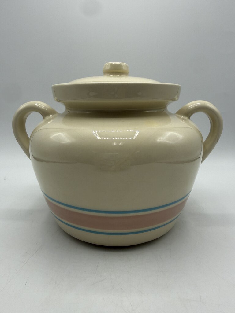 VTG McCoy Bean Pot w/Lid Pink & Blue Strip #342 /rw
