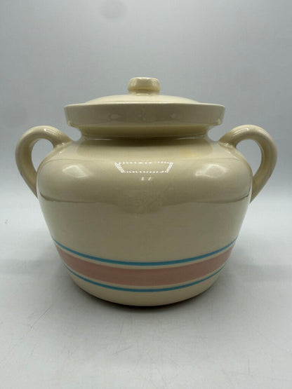 VTG McCoy Bean Pot w/Lid Pink & Blue Strip #342 /rw