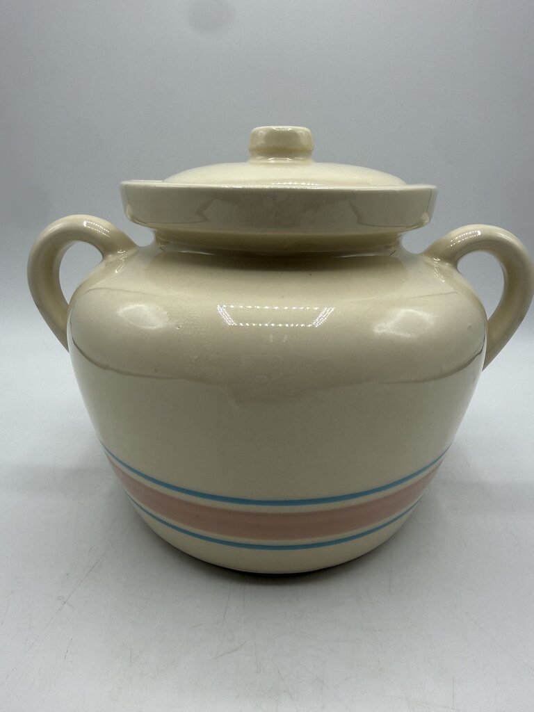 VTG McCoy Bean Pot w/Lid Pink & Blue Strip #342 /rw