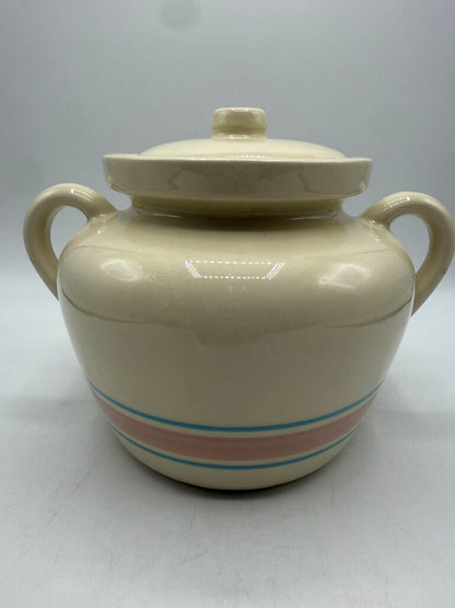 VTG McCoy Bean Pot w/Lid Pink & Blue Strip #342 /rw