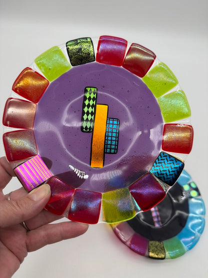 Multi-Color Fused Art Glass set of 2 7” Plates /ro