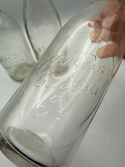 Set of 3 Antique Embossed Glass Bottles with Stoppers /ro
