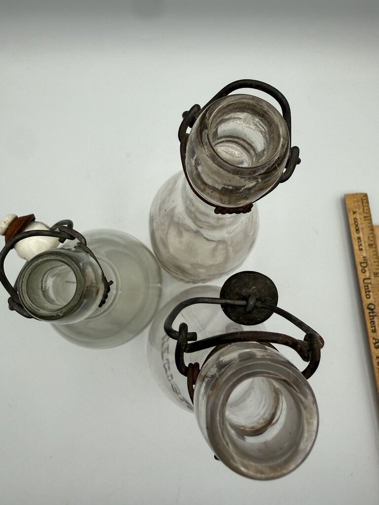 Set of 3 Antique Embossed Glass Bottles with Stoppers /ro