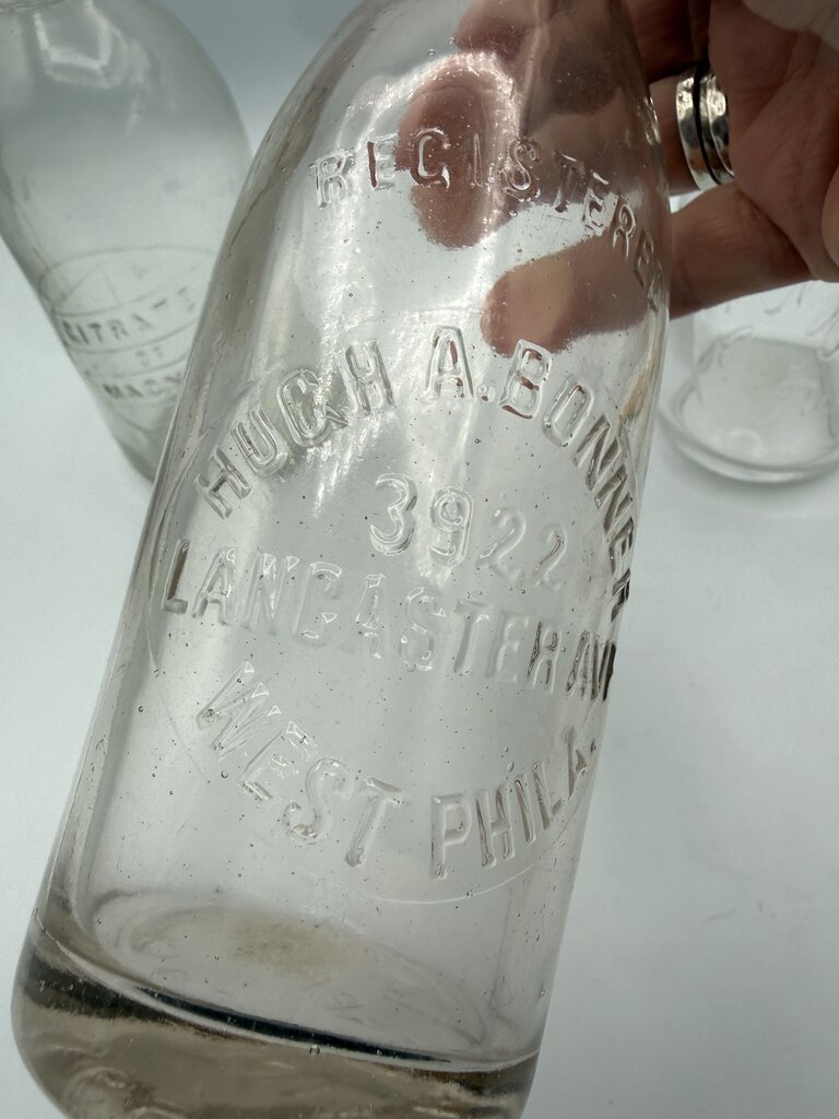Set of 3 Antique Embossed Glass Bottles with Stoppers /ro