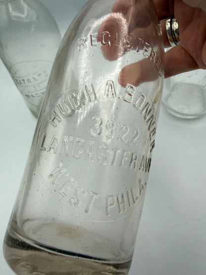 Set of 3 Antique Embossed Glass Bottles with Stoppers /ro