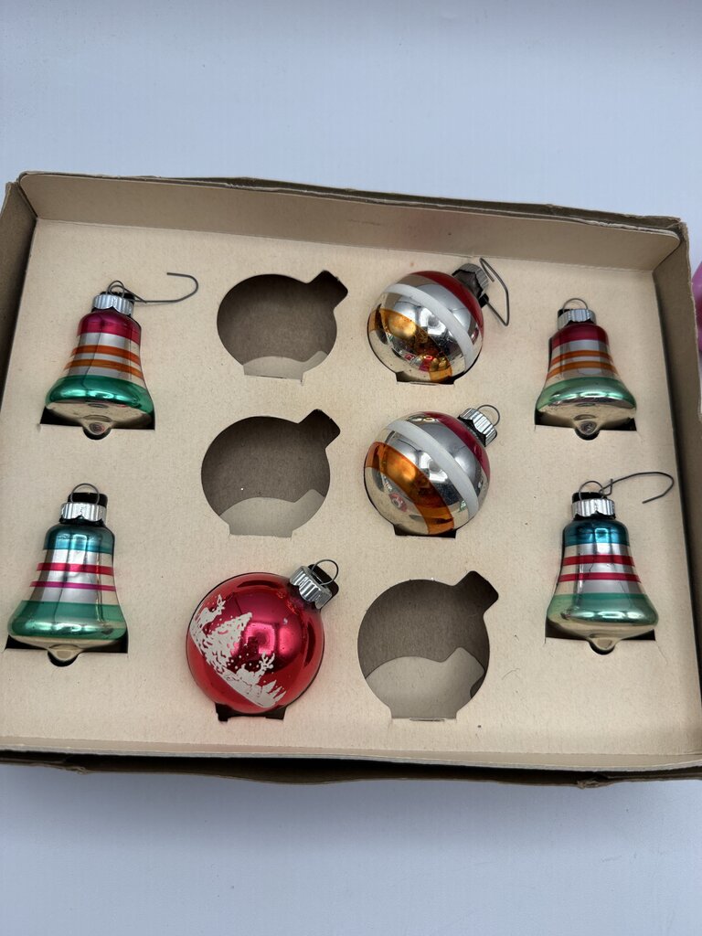 Vintage Set of 10 Glass Ornaments Shiny Brite & Blown Glass in Box /rw