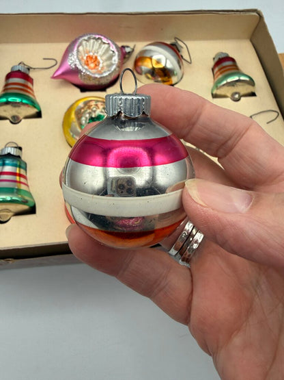 Vintage Set of 10 Glass Ornaments Shiny Brite & Blown Glass in Box /rw