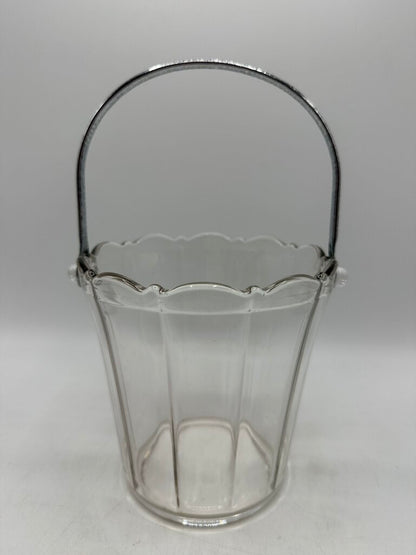 VTG Clear Pressed Glass Ice Bucket with Silver Metal Handle /ro