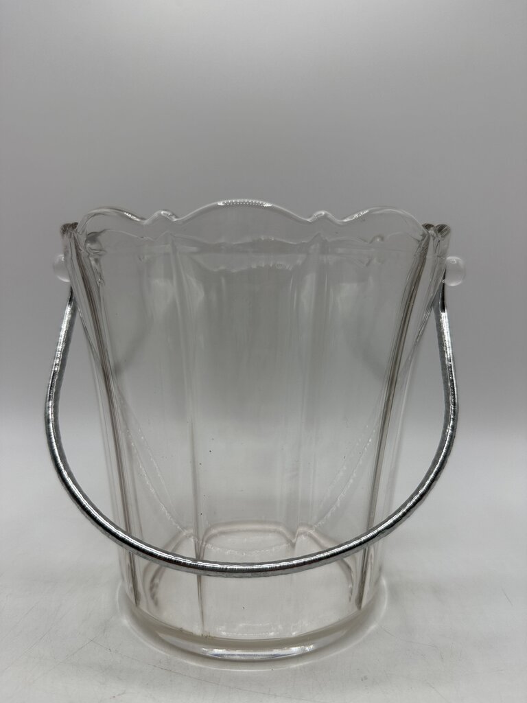 VTG Clear Pressed Glass Ice Bucket with Silver Metal Handle /ro