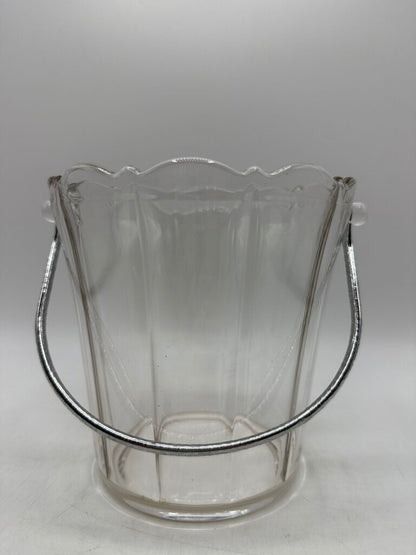 VTG Clear Pressed Glass Ice Bucket with Silver Metal Handle /ro