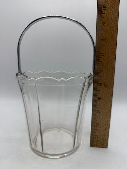 VTG Clear Pressed Glass Ice Bucket with Silver Metal Handle /ro