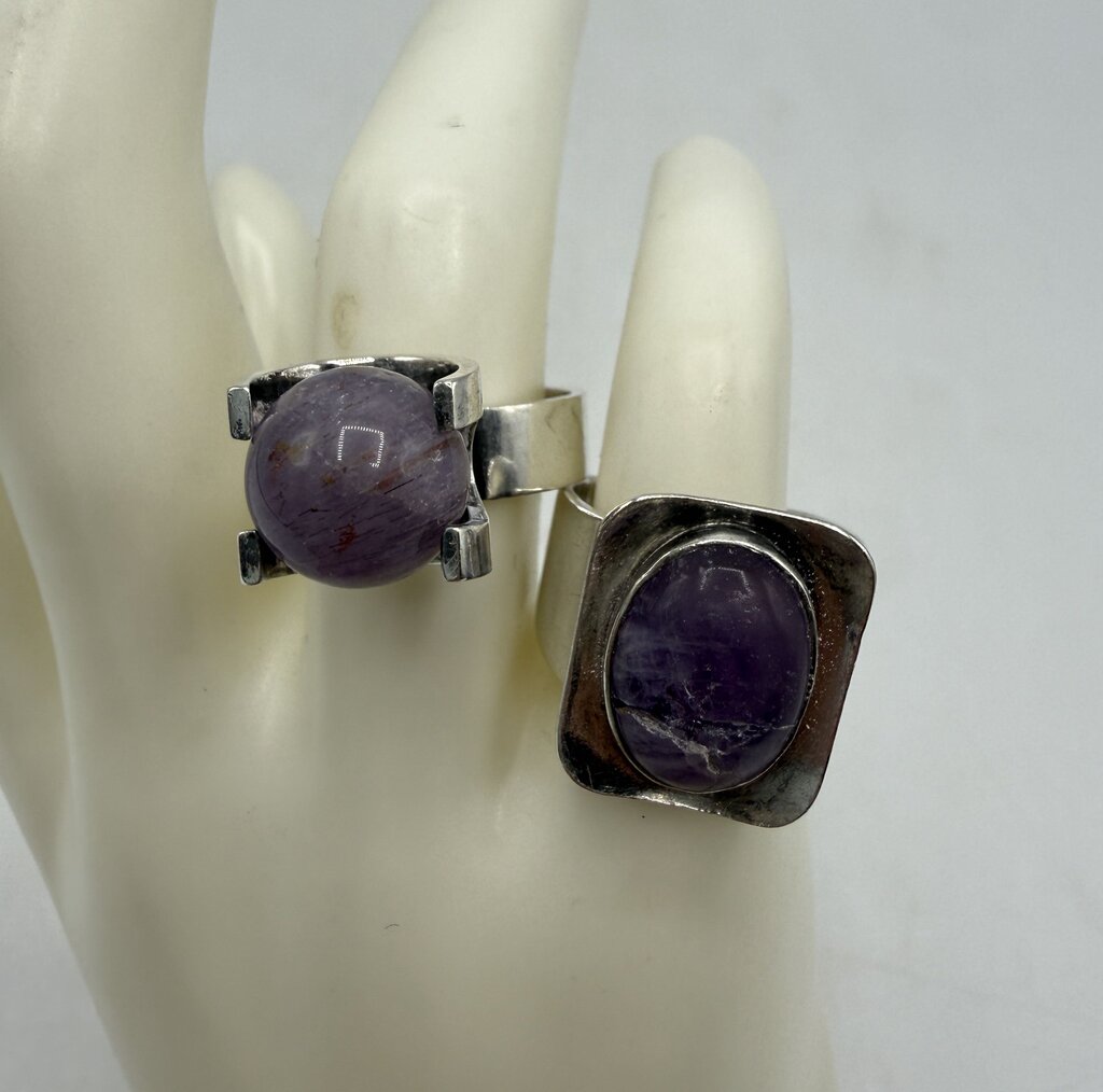 Set of Two Sterling Silver Amethyst Stones Adjustable Rings /ro