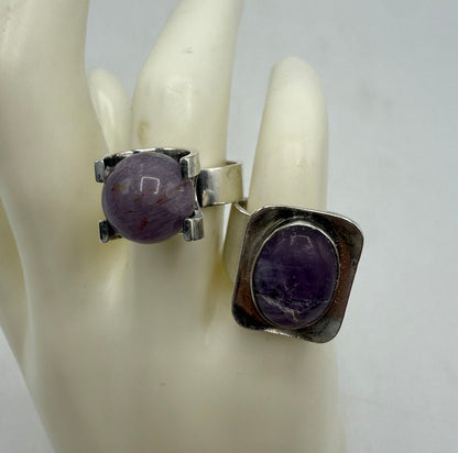 Set of Two Sterling Silver Amethyst Stones Adjustable Rings /ro