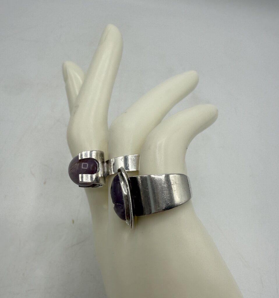Set of Two Sterling Silver Amethyst Stones Adjustable Rings /ro