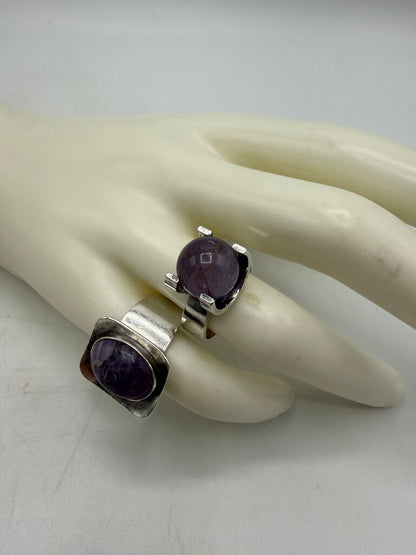 Set of Two Sterling Silver Amethyst Stones Adjustable Rings /ro