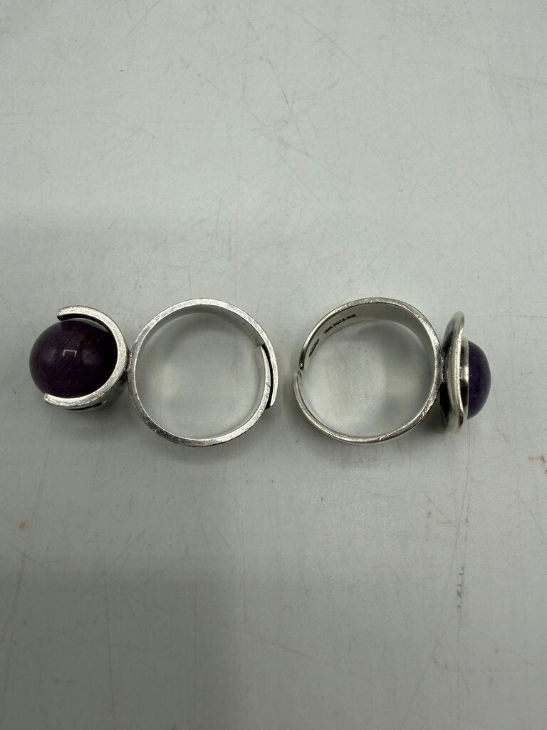 Set of Two Sterling Silver Amethyst Stones Adjustable Rings /ro