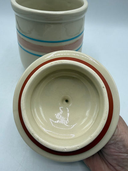 VTG McCoy Pottery #135 Cream Glaze Pink & Blue Strip Canister 6” /rw
