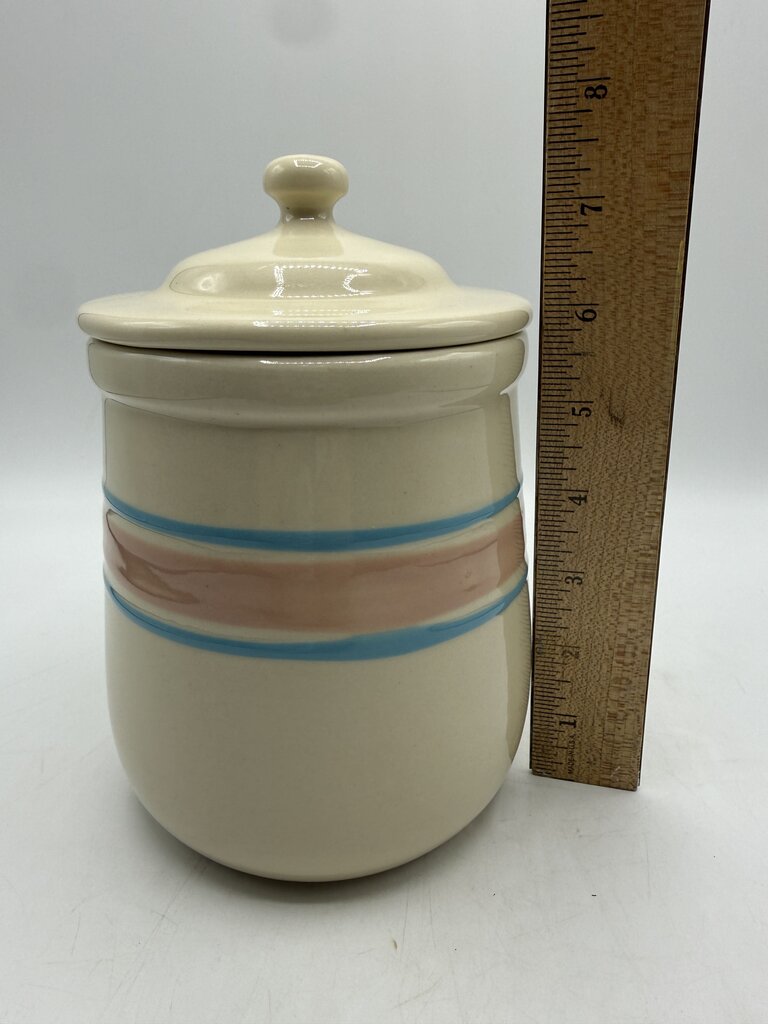 VTG McCoy Pottery #135 Cream Glaze Pink & Blue Strip Canister 6” /rw