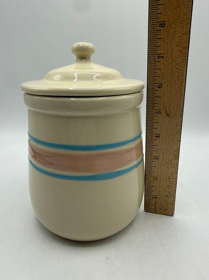 VTG McCoy Pottery #135 Cream Glaze Pink & Blue Strip Canister 6” /rw