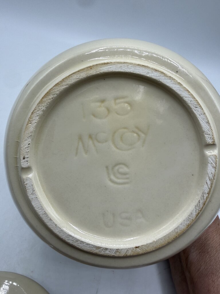 VTG McCoy Pottery #135 Cream Glaze Pink & Blue Strip Canister 6” /rw