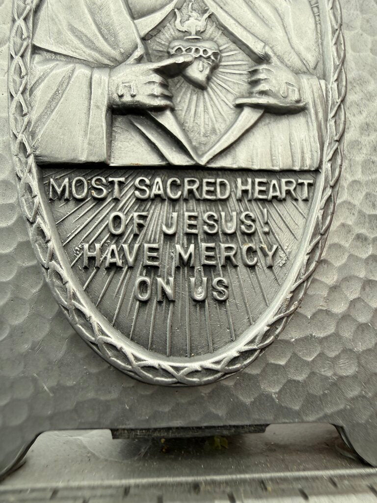 Vintage Glass Holy Water Bottle with Sacred Heart of Jesus Stand /ro
