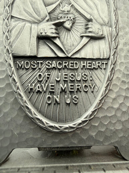 Vintage Glass Holy Water Bottle with Sacred Heart of Jesus Stand /ro