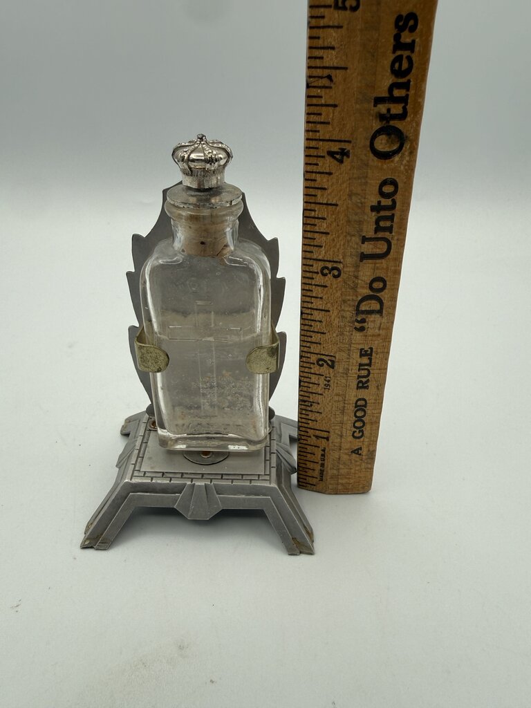 Vintage Glass Holy Water Bottle with Sacred Heart of Jesus Stand /ro