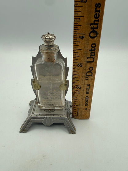 Vintage Glass Holy Water Bottle with Sacred Heart of Jesus Stand /ro