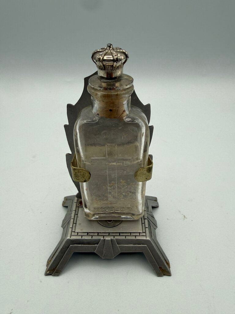 Vintage Glass Holy Water Bottle with Sacred Heart of Jesus Stand /ro