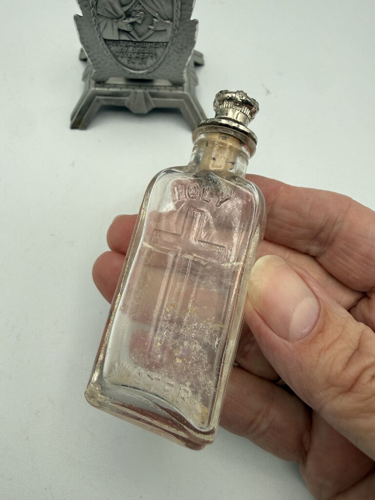 Vintage Glass Holy Water Bottle with Sacred Heart of Jesus Stand /ro