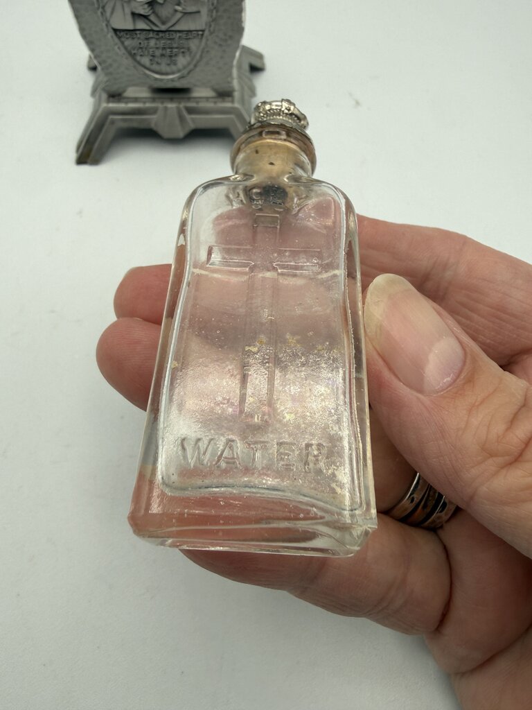 Vintage Glass Holy Water Bottle with Sacred Heart of Jesus Stand /ro
