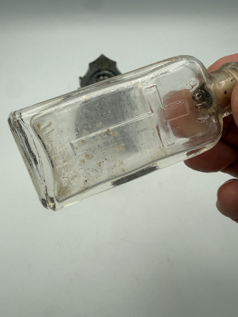 Vintage Glass Holy Water Bottle with Sacred Heart of Jesus Stand /ro