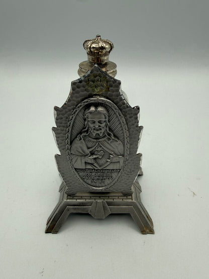 Vintage Glass Holy Water Bottle with Sacred Heart of Jesus Stand /ro