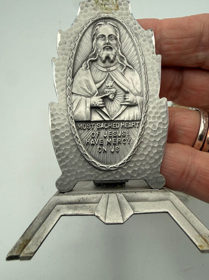 Vintage Glass Holy Water Bottle with Sacred Heart of Jesus Stand /ro