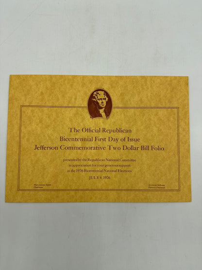 Bicentennial First Day Of Issue Jefferson Commemorative Two Dollar Bill /ro