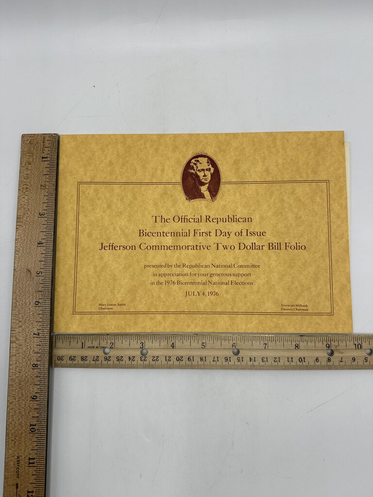 Bicentennial First Day Of Issue Jefferson Commemorative Two Dollar Bill /ro