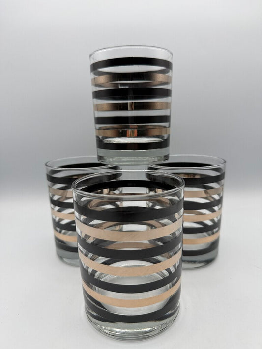 MCM Style Cocktail Rock Glasses Black & Metallic Silver Stripe set of 4 /roh