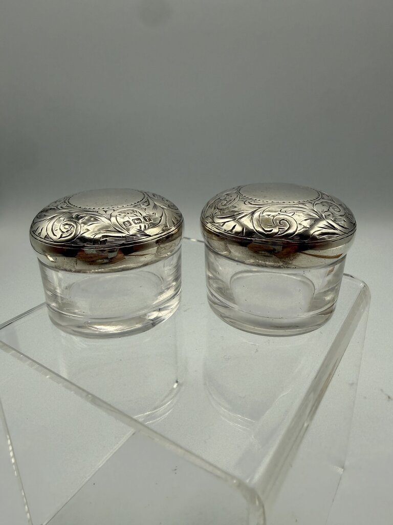 Antique Victorian Glass Rouge Jars w/Sterling Lids set of 2 /ro